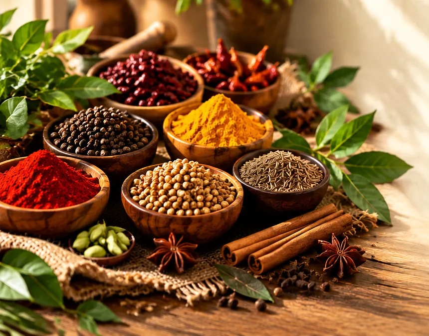 Bowls of Indian spices on a wooden table