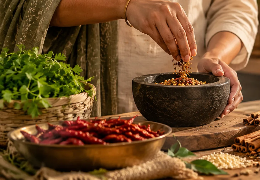 Preparing spices with a stone mortar